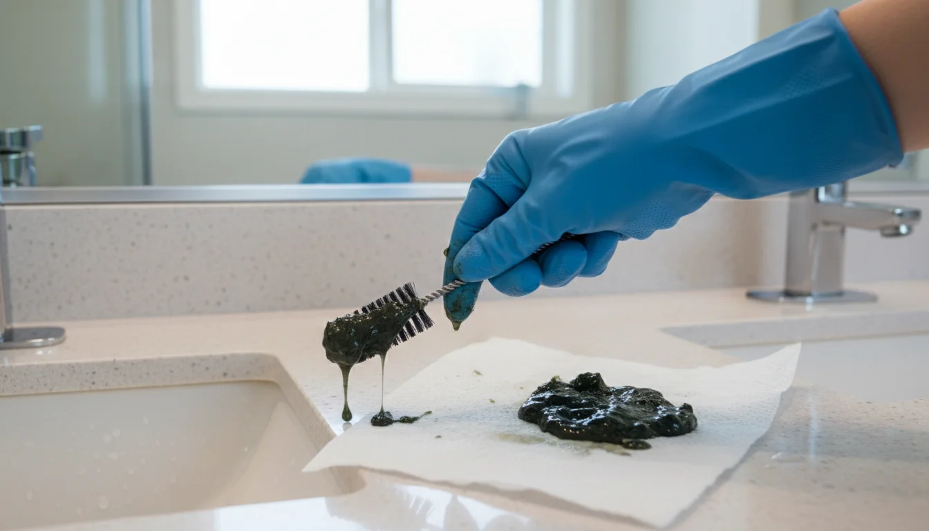 Cleaning bathroom drain biofilm with a drain brush to eliminate fruit fly breeding site