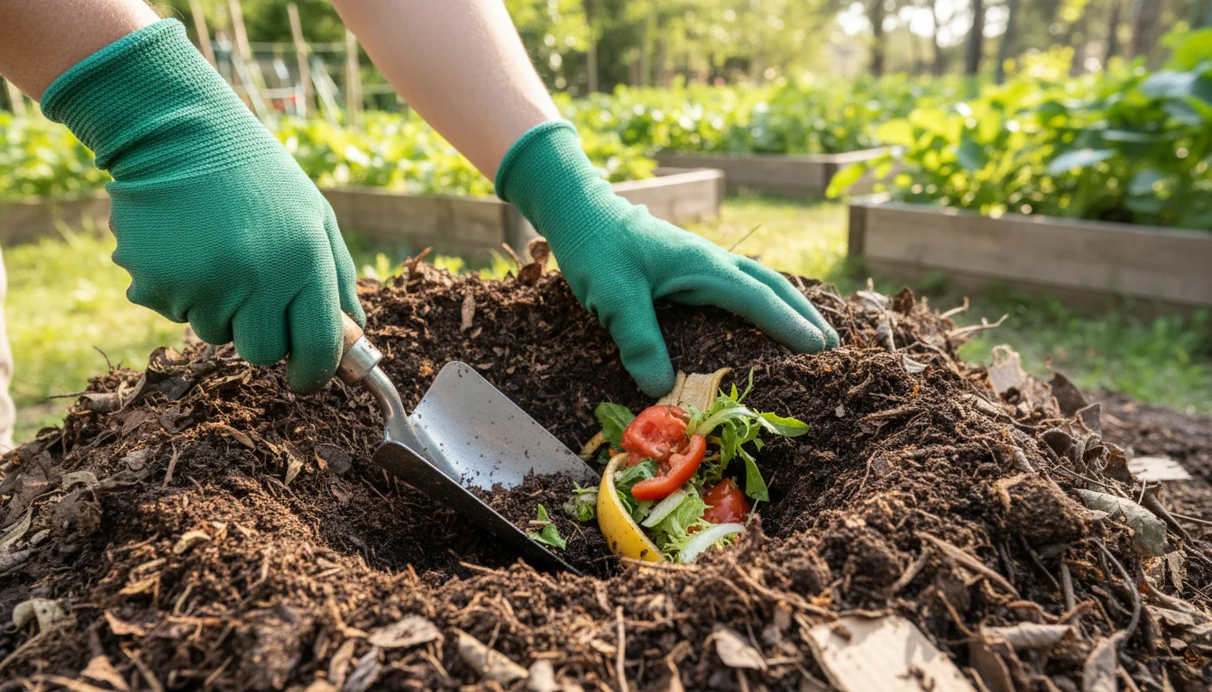 Burying food scraps in compost pile to prevent fruit flies