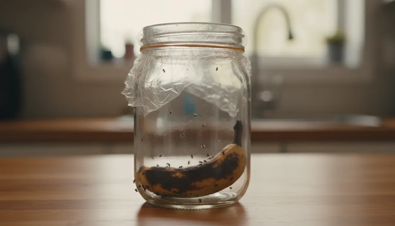 DIY jar trap with plastic wrap and small holes poked in the top sitting on a kitchen counter