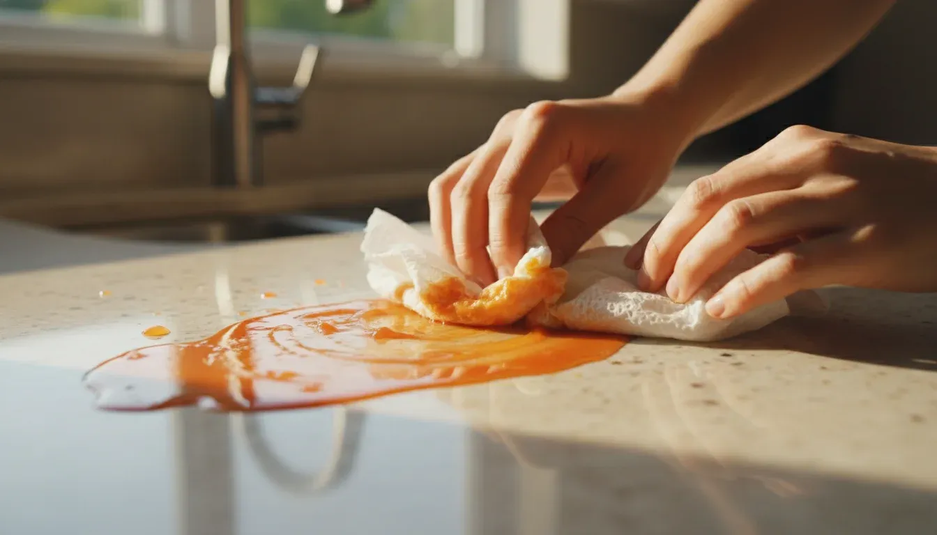 Hands wiping up a spill on a kitchen countertop with a paper towel