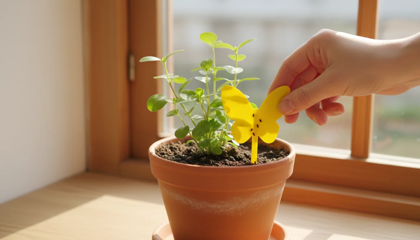 Yellow sticky trap placed at soil level to catch fungus gnats