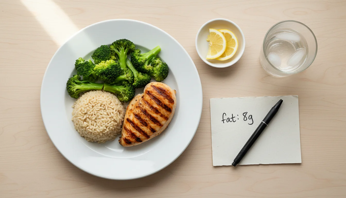 Low-fat meal of grilled chicken, broccoli and rice with fat content noted - gallstone-safe eating