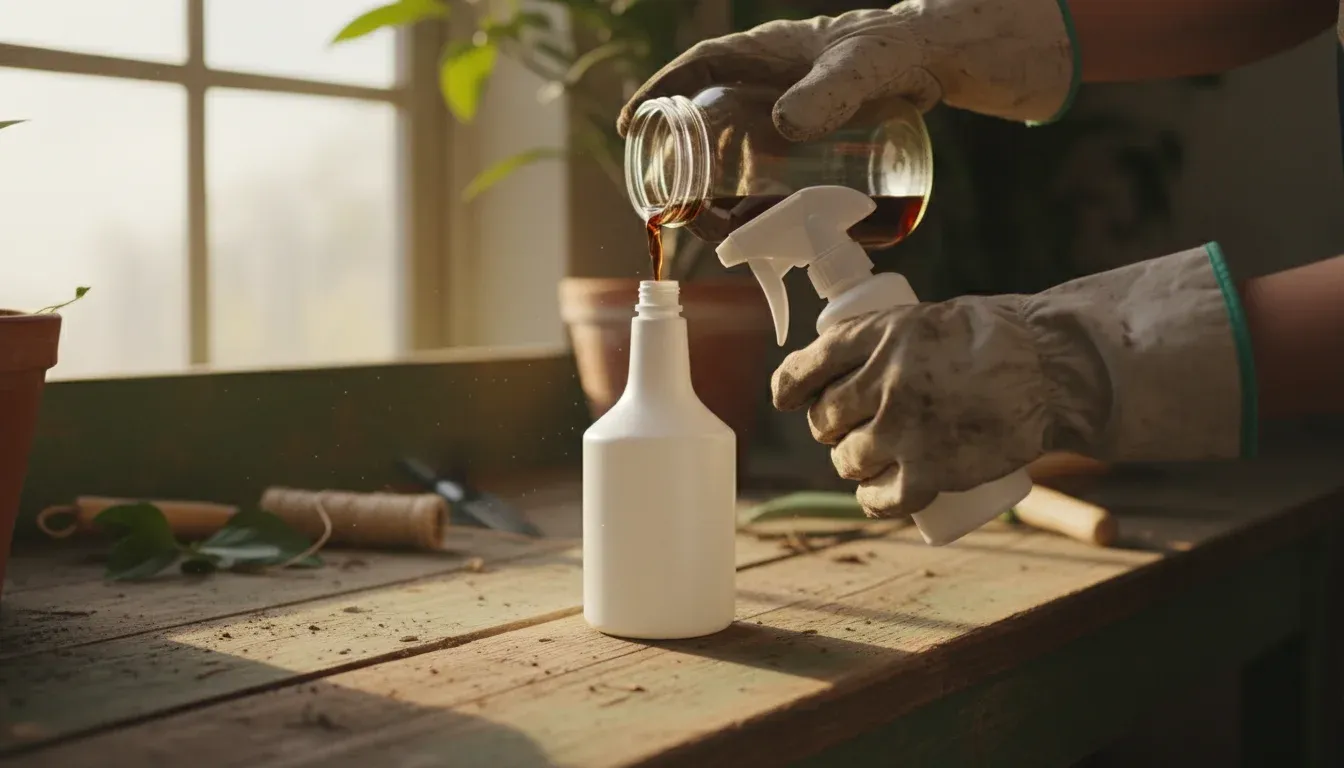 Hands pouring homemade mushroom spray from a jar into a plastic spray bottle