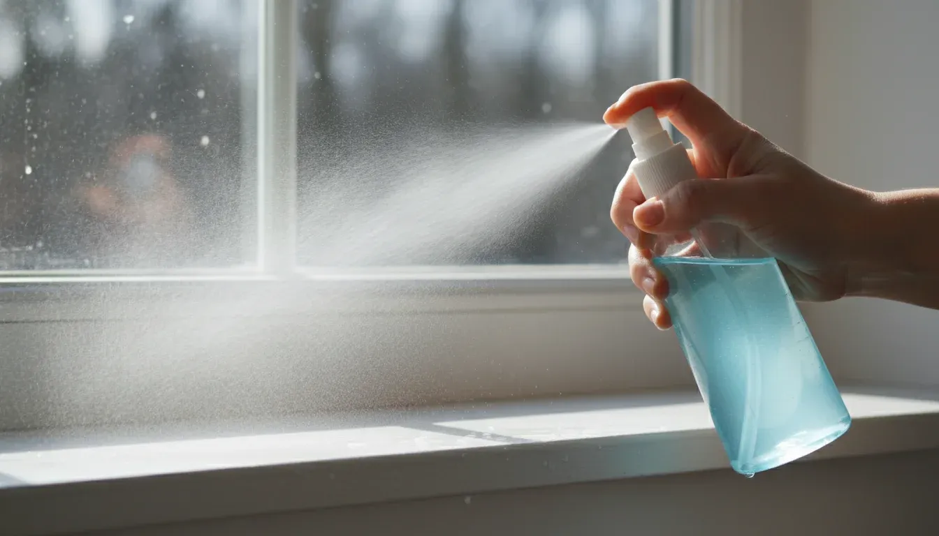 spraying vinegar solution along windowsill