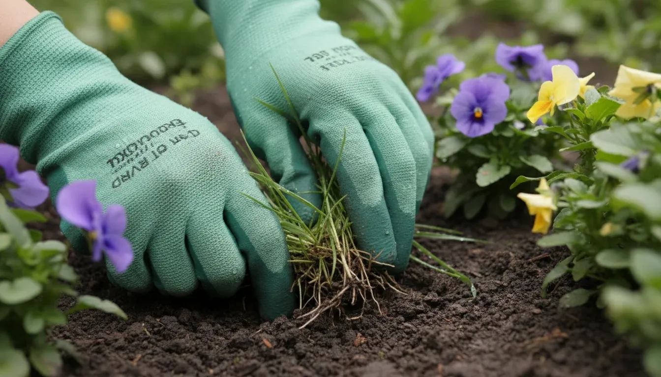 hands pulling grass from soil in flower bed