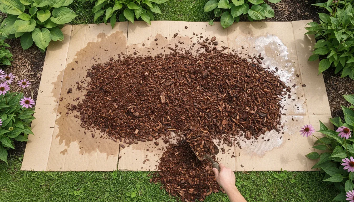 cardboard covering grass in flower bed with mulch on top