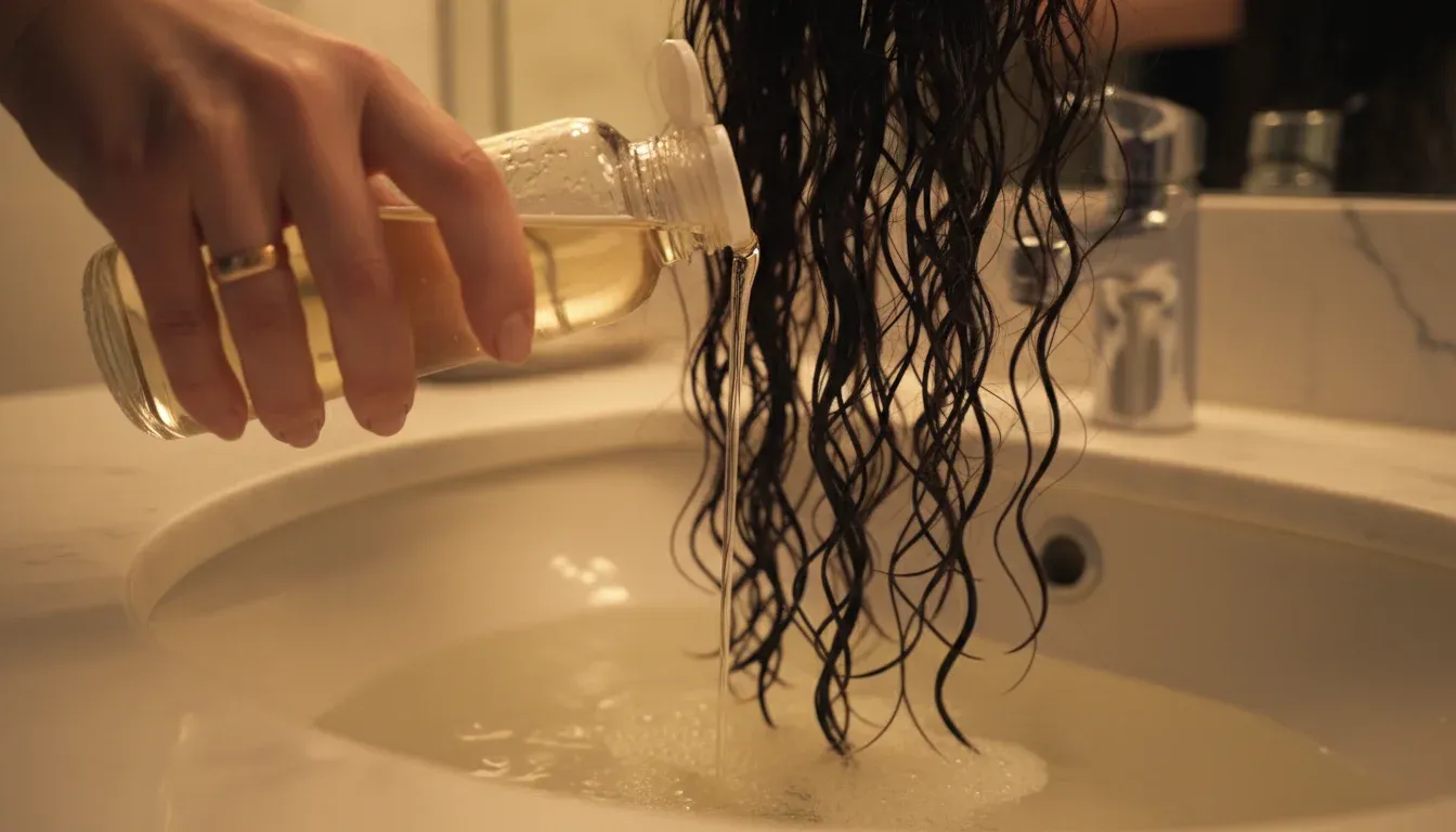pouring apple cider vinegar rinse over hair in sink