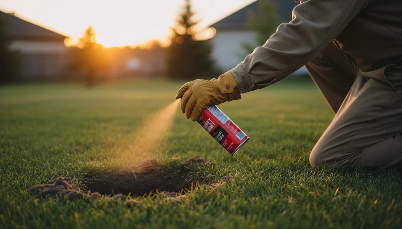 Spraying wasp and hornet insecticide directly into a ground nest entrance at dusk