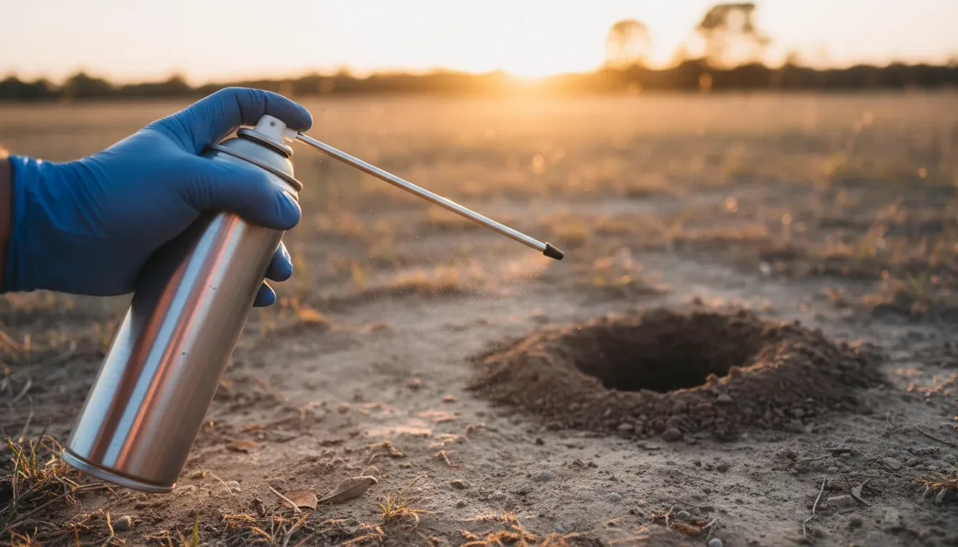 spraying aerosol wasp spray into ground nest entrance from safe distance