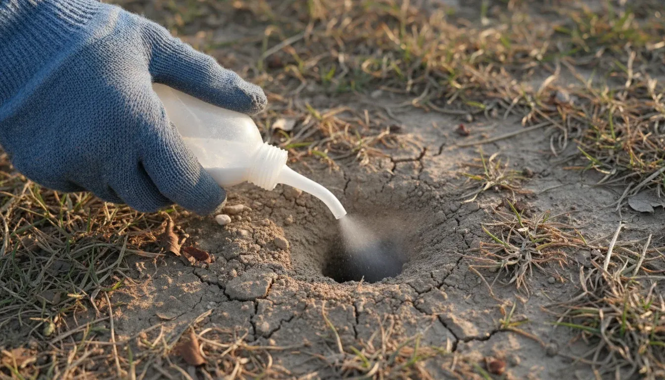 applying insecticide dust into ground wasp nest with hand duster
