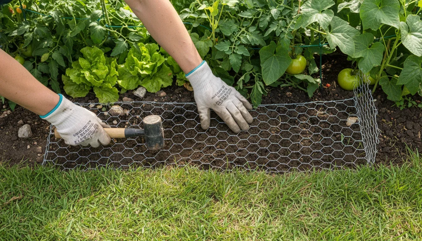 installing buried L-shaped garden fencing to exclude groundhogs