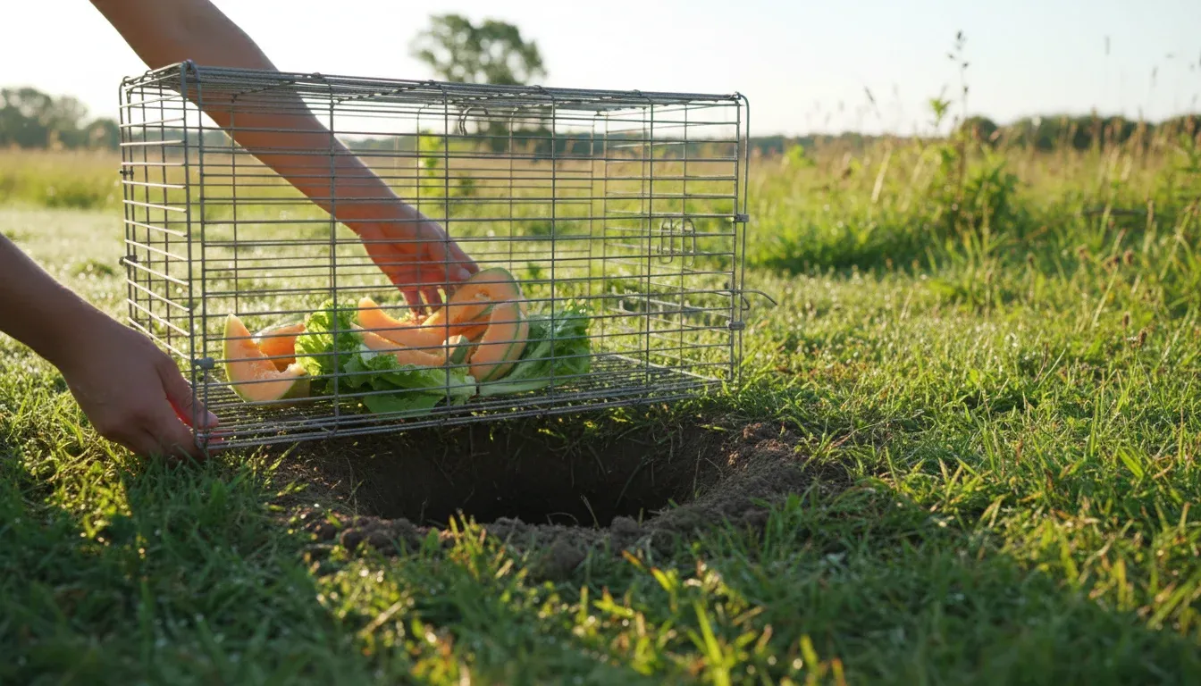 setting live trap with vegetable bait near groundhog burrow