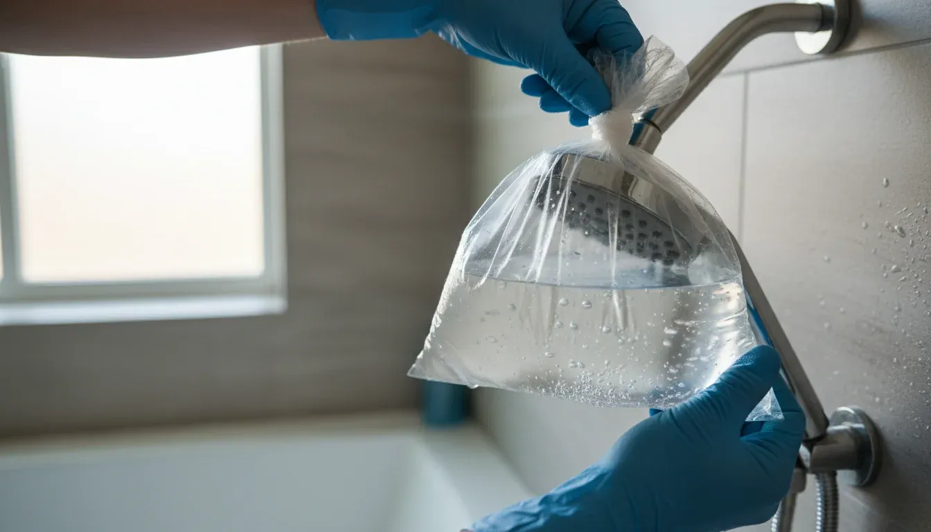 Gloved hands securing a bag of white vinegar around a showerhead to remove hard water buildup
