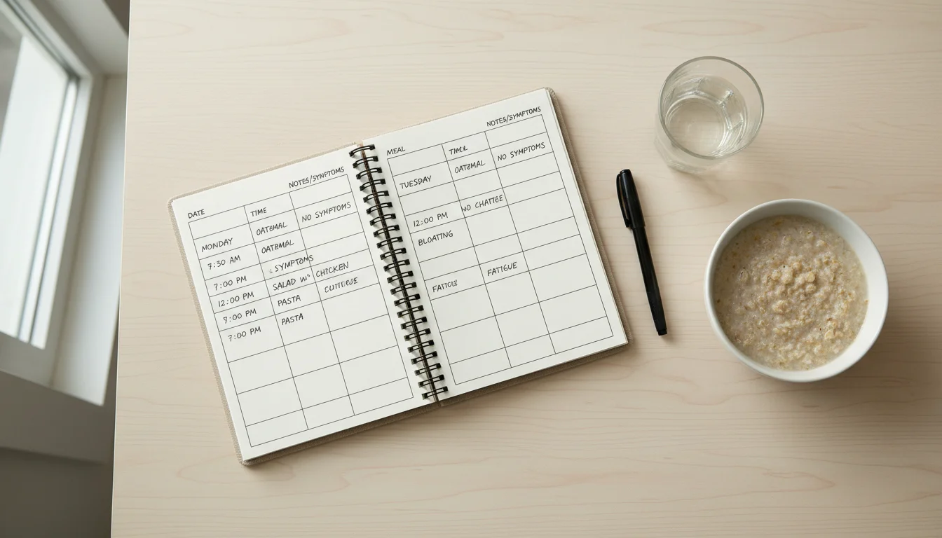 Food journal tracking heartburn trigger foods alongside a healthy meal