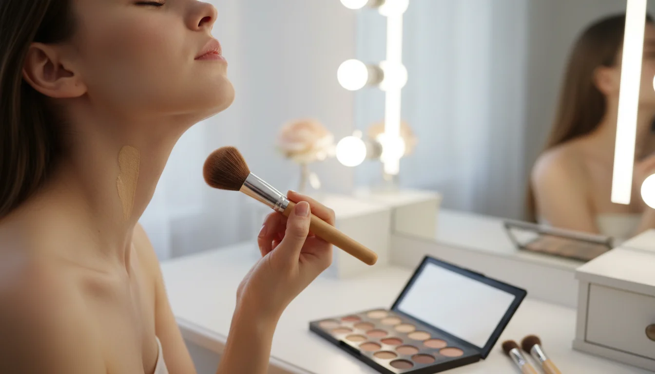 Applying concealer makeup to cover a mark on the neck