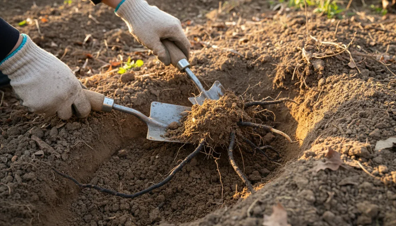 digging out horsetail rhizomes with spade in dry soil