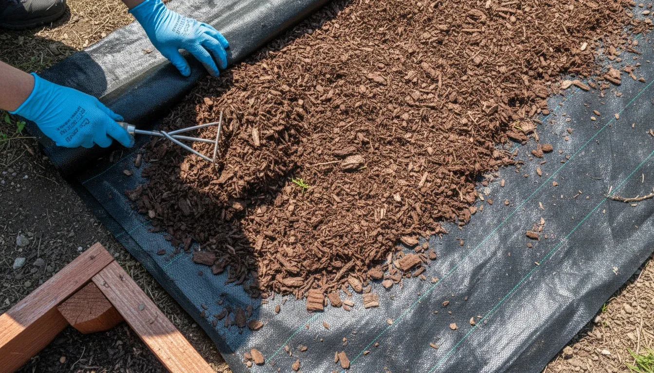 spreading mulch over landscape fabric to smother horsetail
