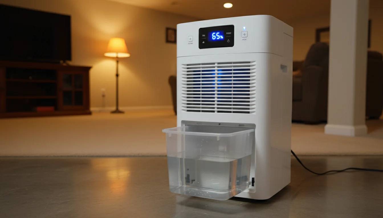 Portable dehumidifier running in a basement with humidity reading on display