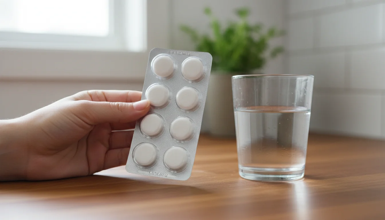 Hand holding blister pack of antacid tablets next to glass of water on kitchen counter