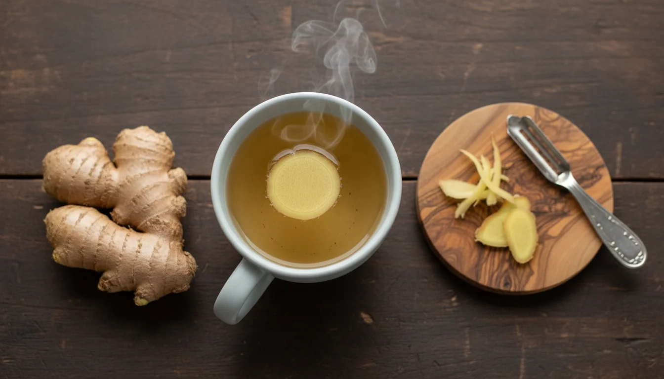 Mug of ginger tea with fresh ginger root and slice on wooden board, overhead view