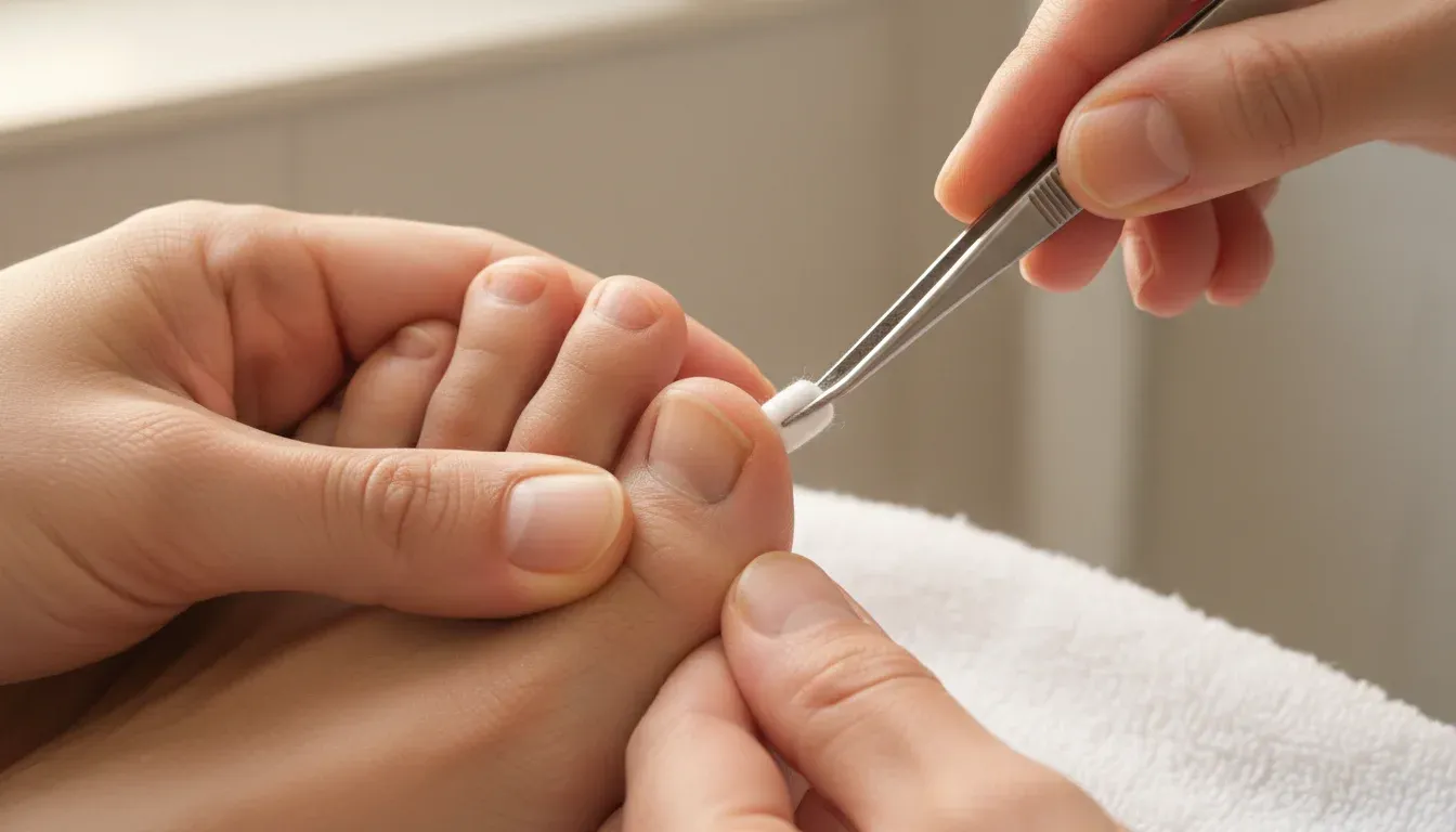 hands using tweezers to place cotton under ingrown toenail edge
