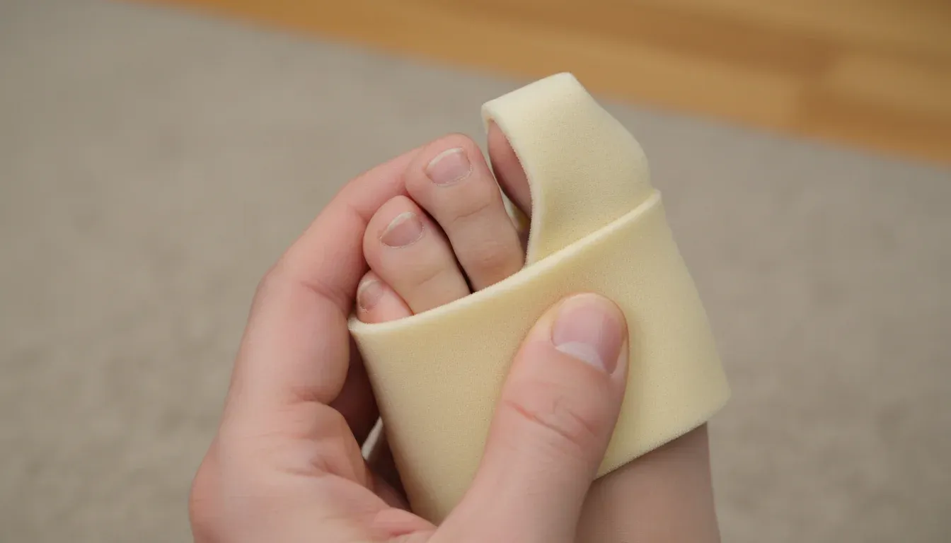 hands placing foam toe protector over big toe