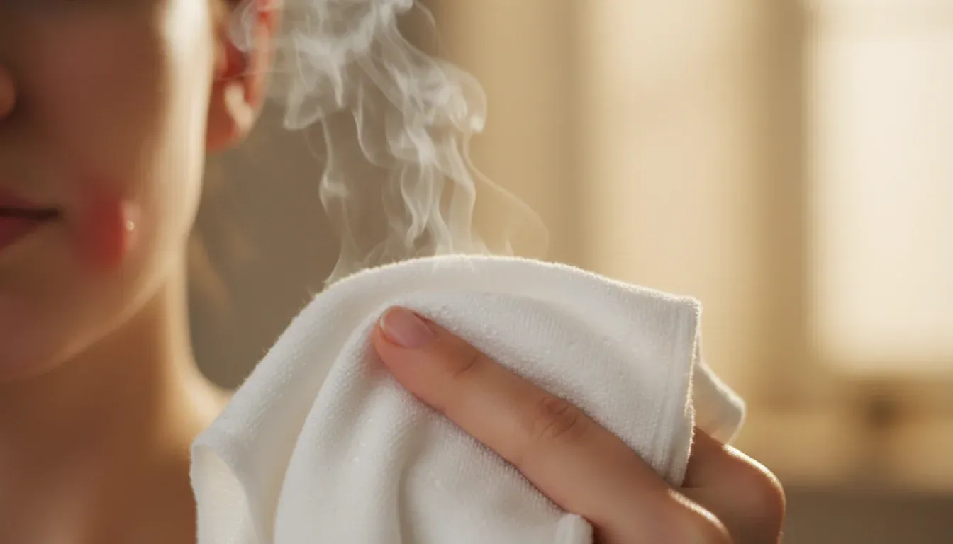 hand pressing warm compress against inner pimple on face