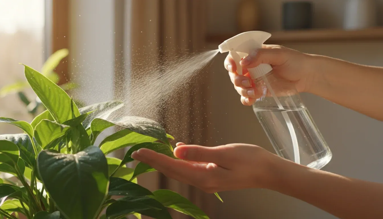 Hands spraying a houseplant with a spray bottle