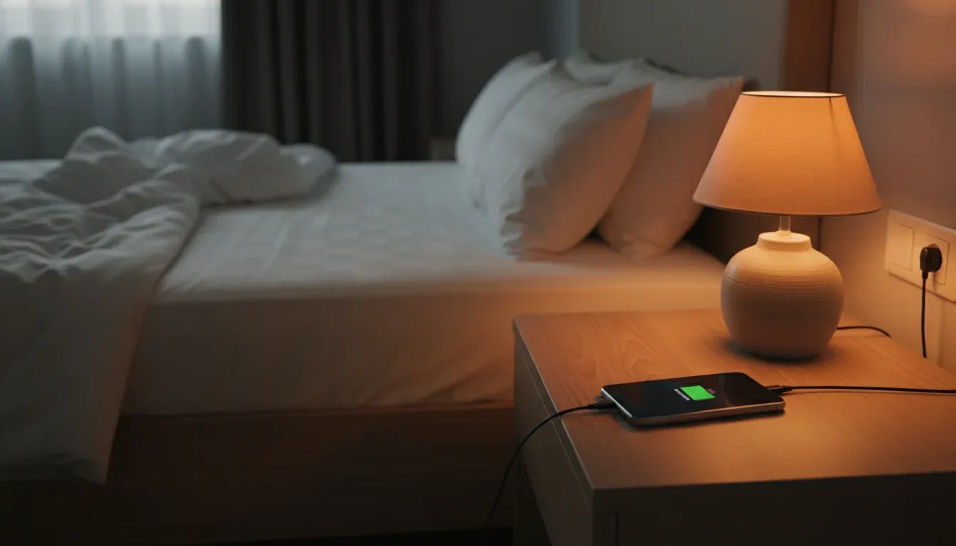 phone charging on nightstand away from bed
