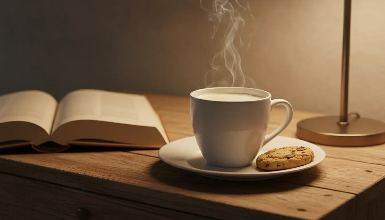 warm milk and cookie bedtime snack on nightstand