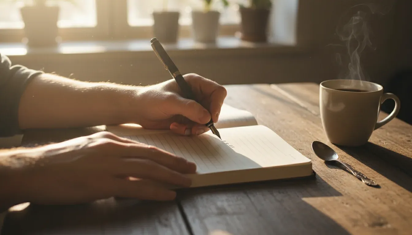 hands writing in journal at wooden table with coffee