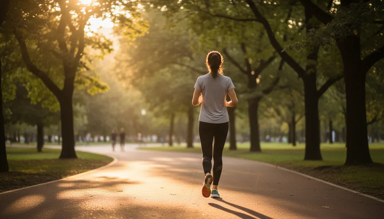 person jogging on tree-lined park path during golden hour
