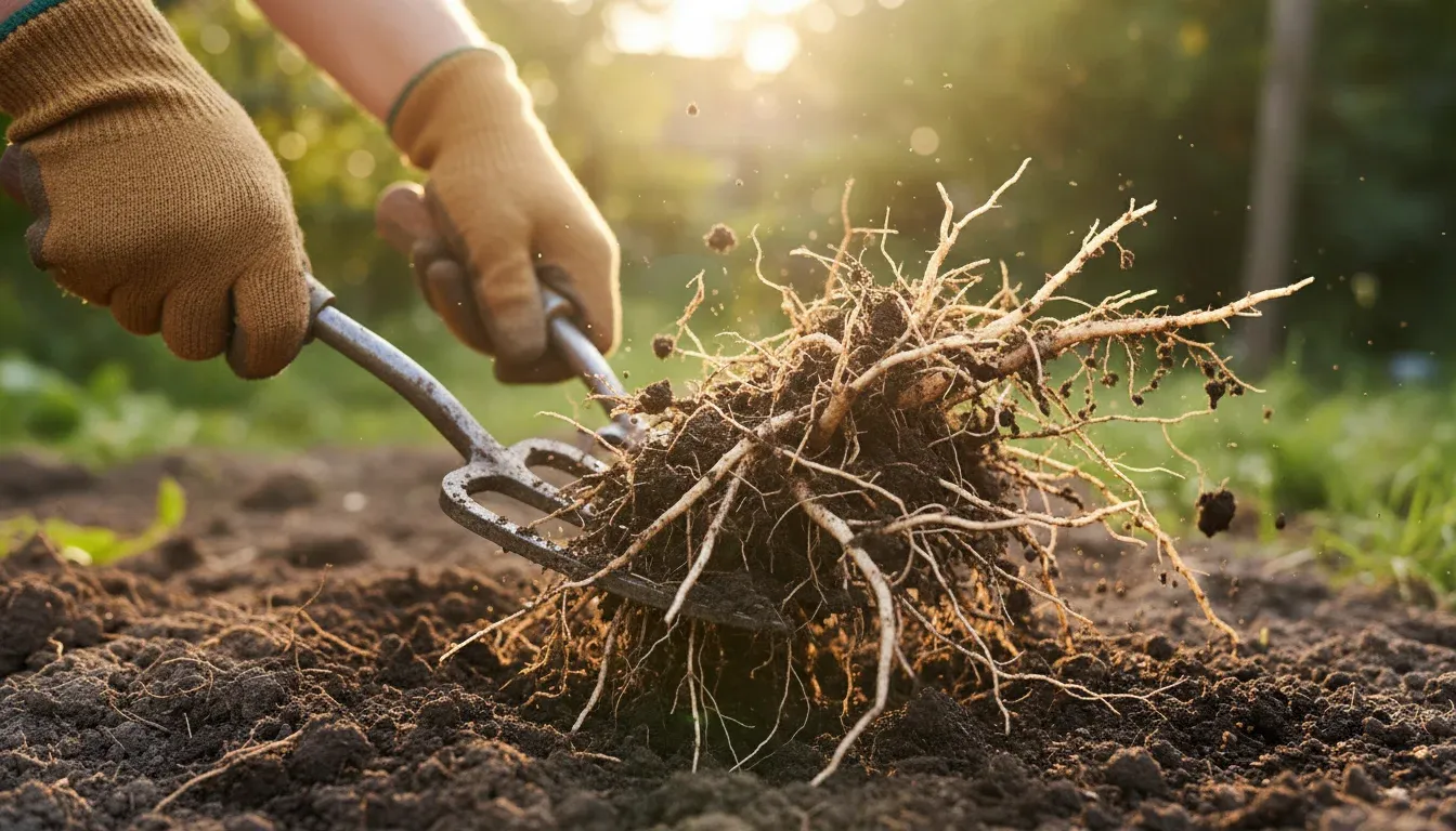 Gloved hands digging up invasive plant roots with a garden fork