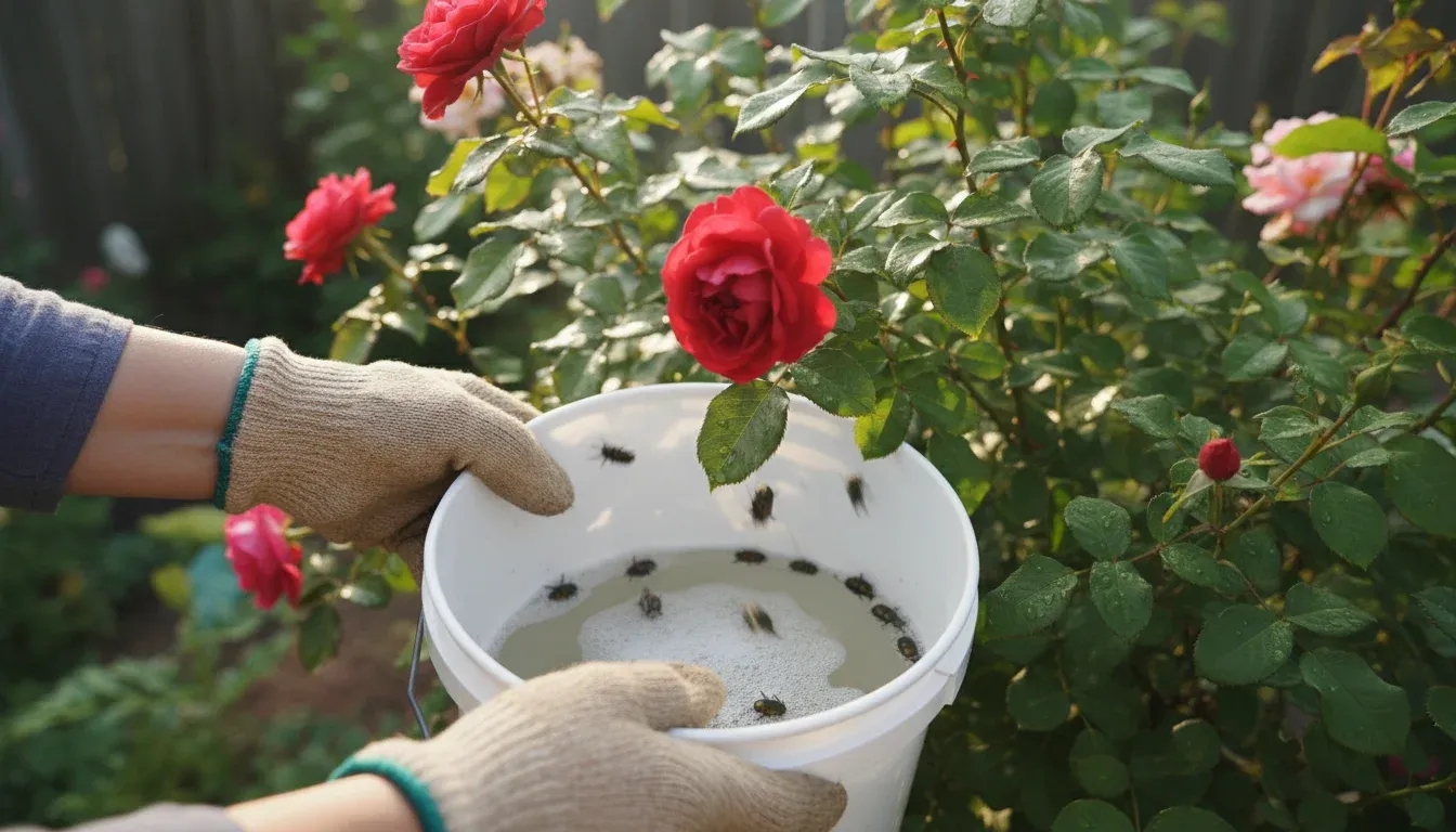 hand knocking japanese beetles from rose branch into bucket of soapy water