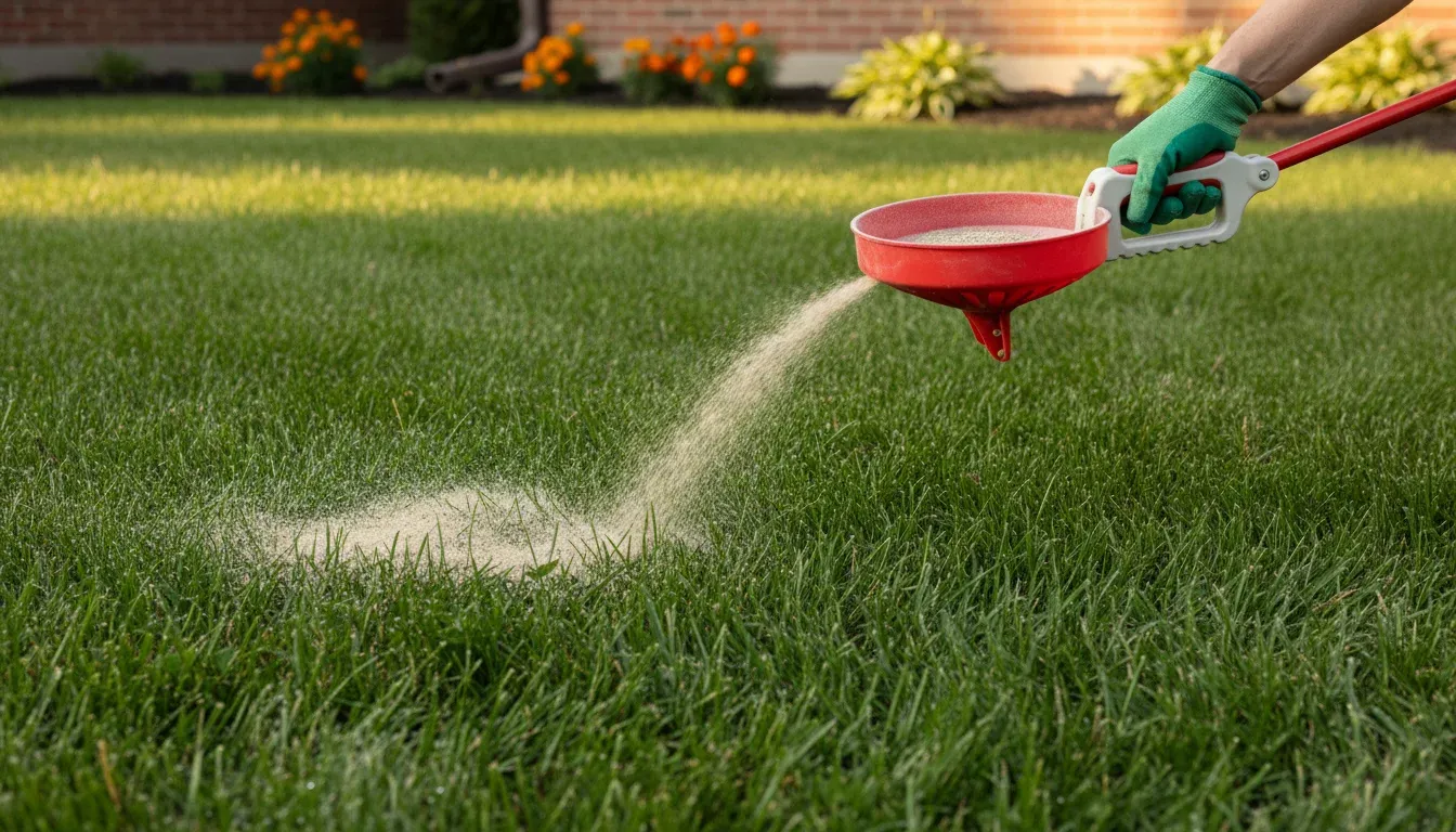 applying beneficial nematode powder to lawn with handheld spreader