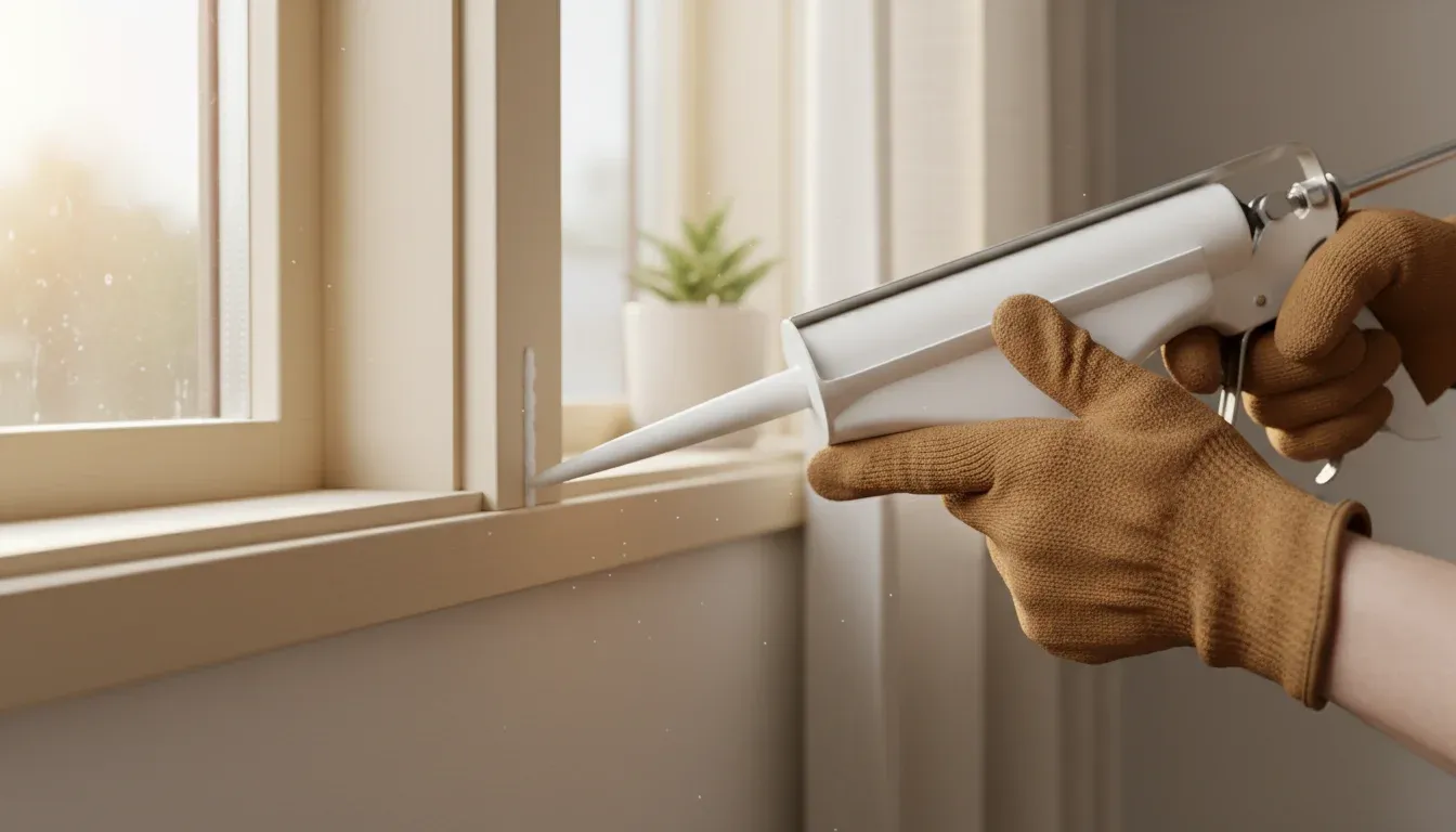 Hands applying caulk to seal gap around window frame