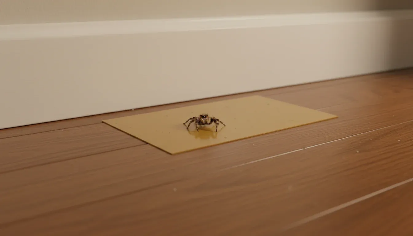 Sticky glue trap with jumping spider along floor baseboard