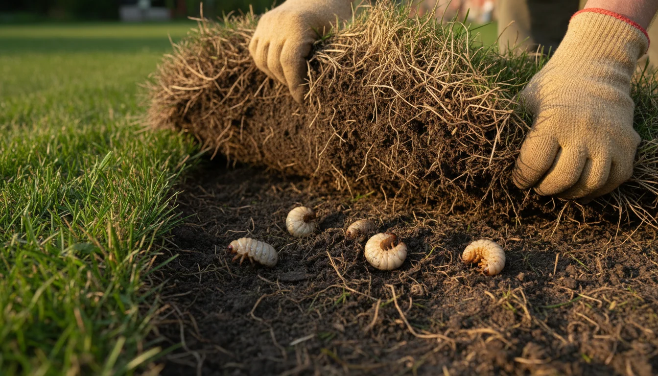 Dead lawn turf peeled back to reveal white C-shaped june bug grubs in soil