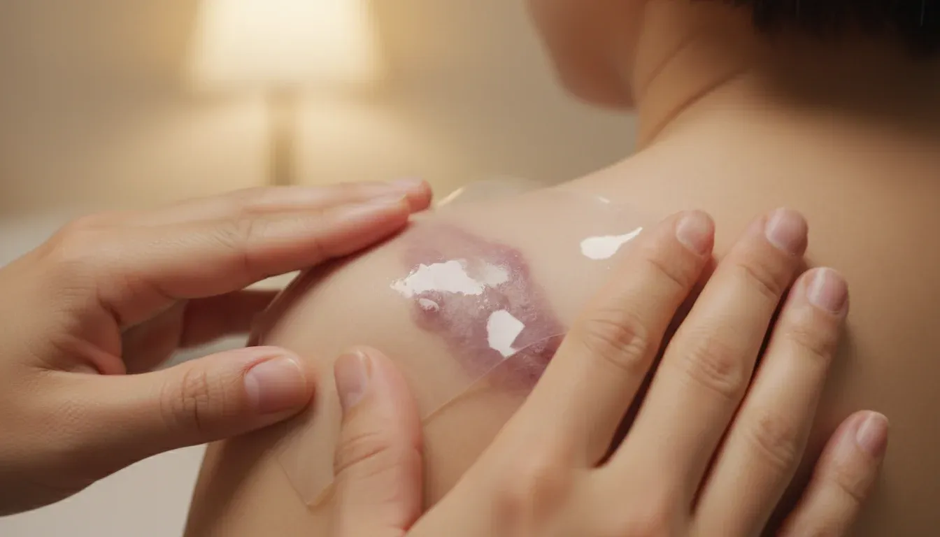 applying silicone gel sheet to keloid scar on shoulder