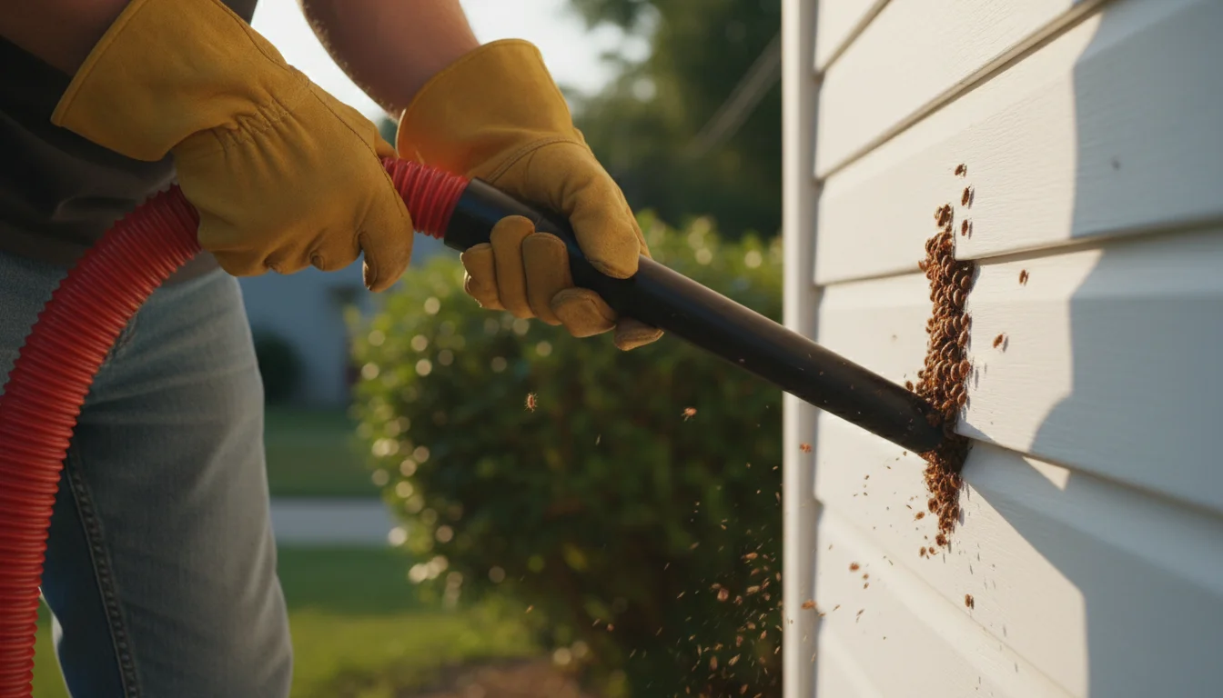Using shop vacuum to remove kudzu bug cluster from house siding
