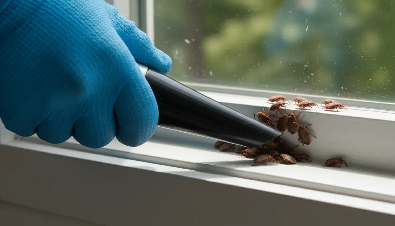 Gloved hand using handheld vacuum to remove kudzu bugs from window frame