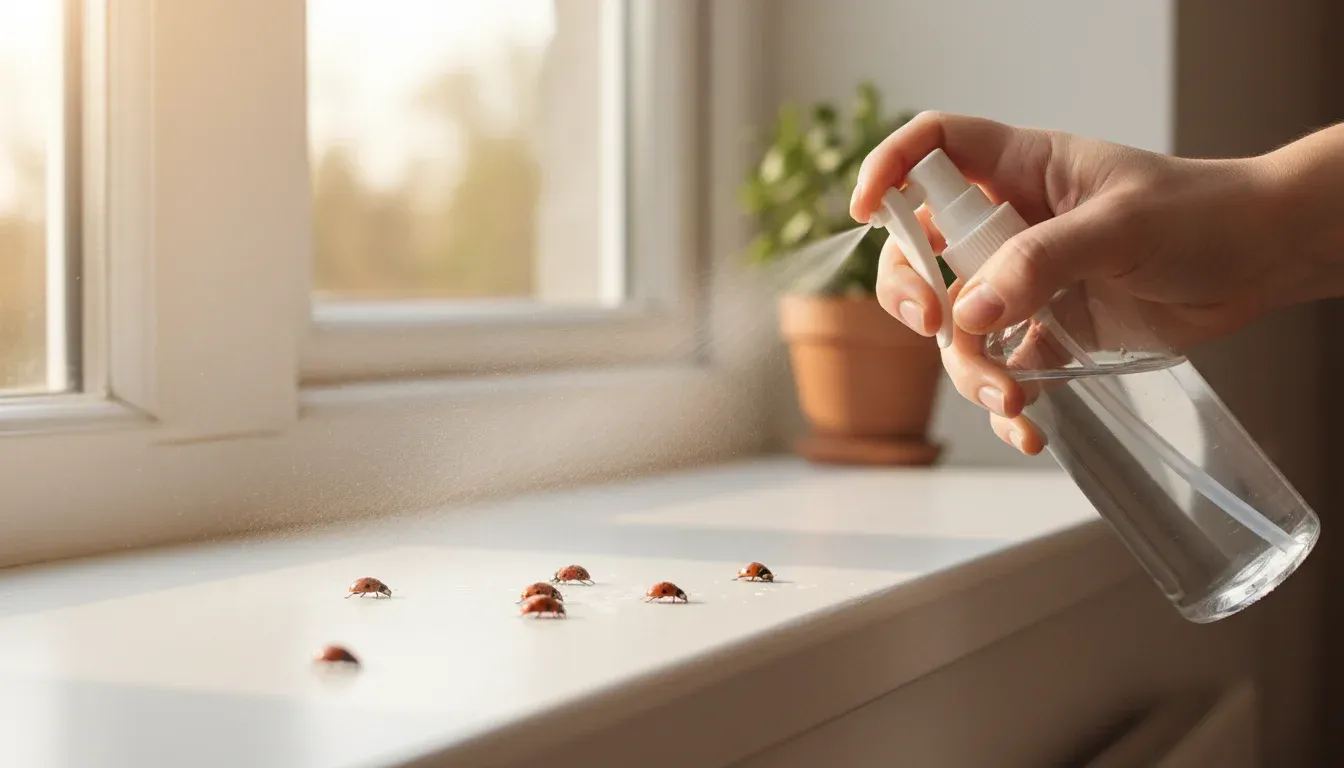 hand spraying repellent on window sill near ladybirds