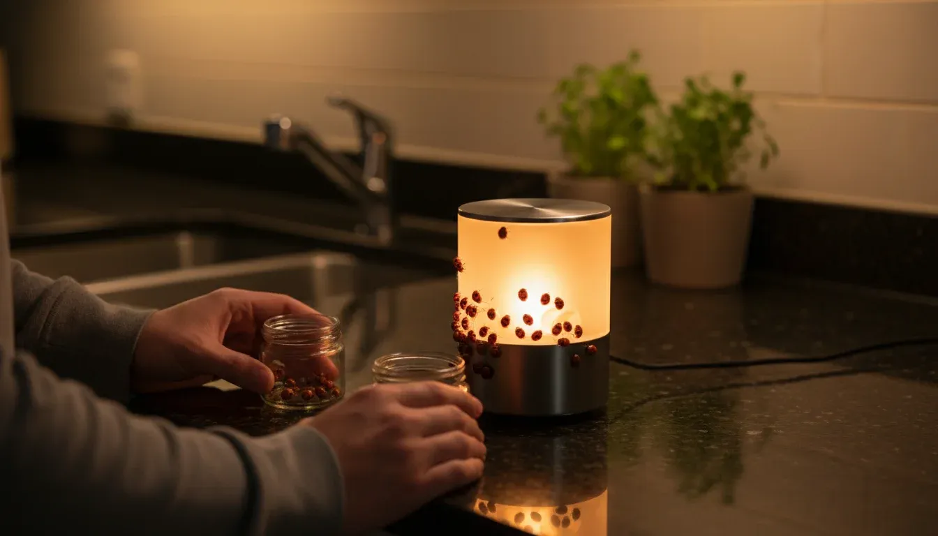 Light trap device on a kitchen counter at night attracting ladybugs