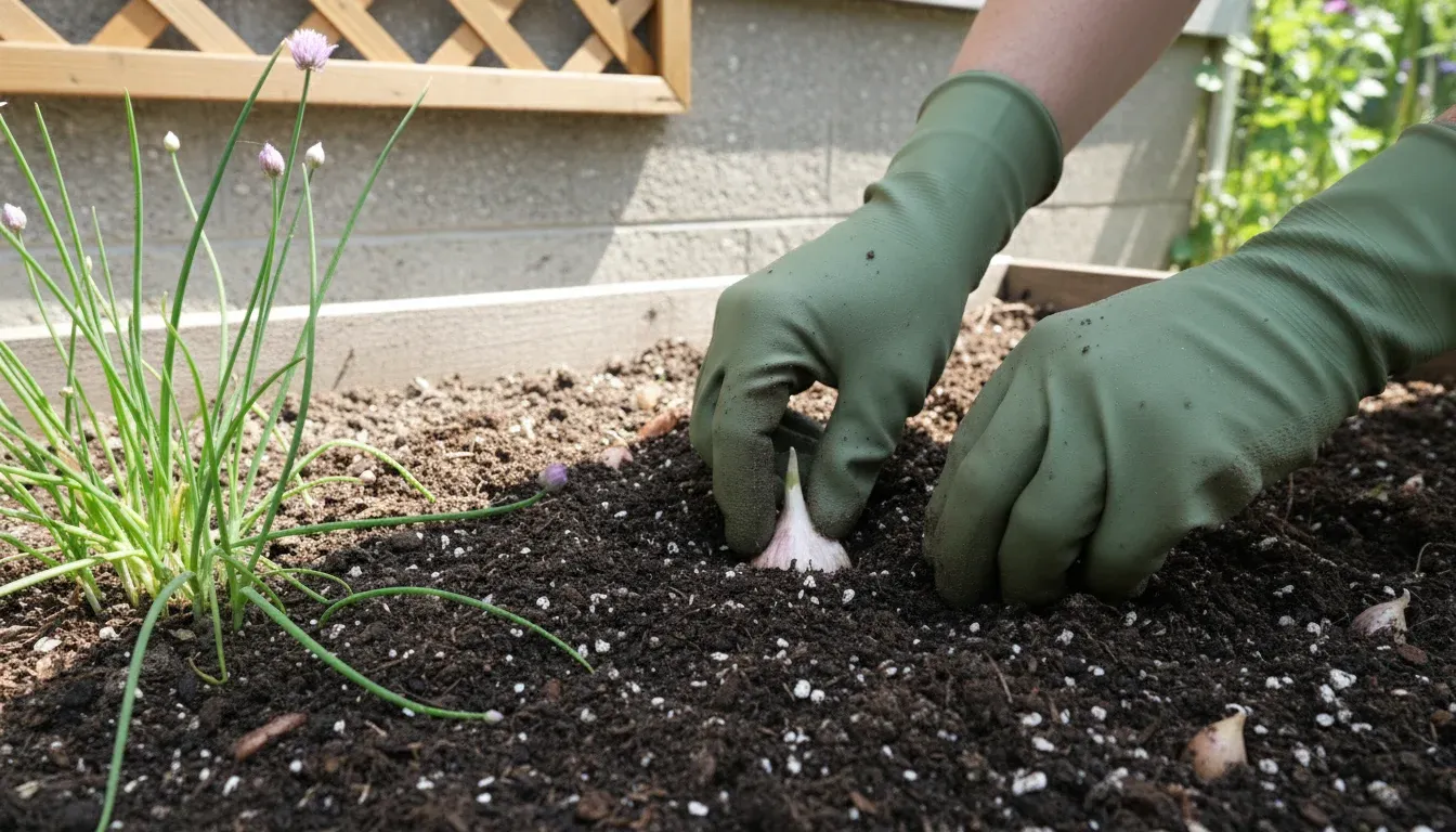 Hands planting garlic cloves in a garden bed as a ladybug deterrent