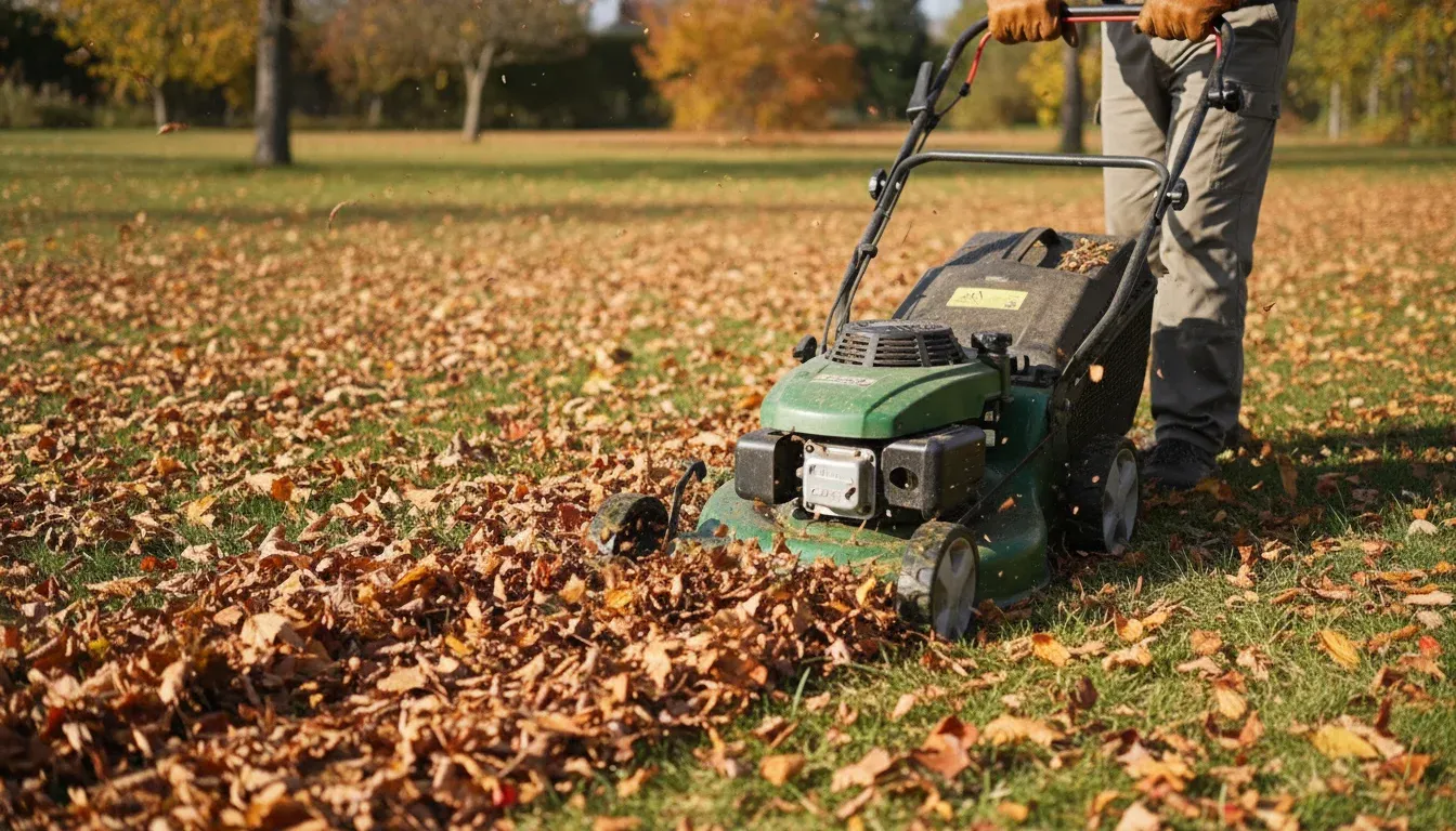 lawn mower mulching autumn leaves on grass