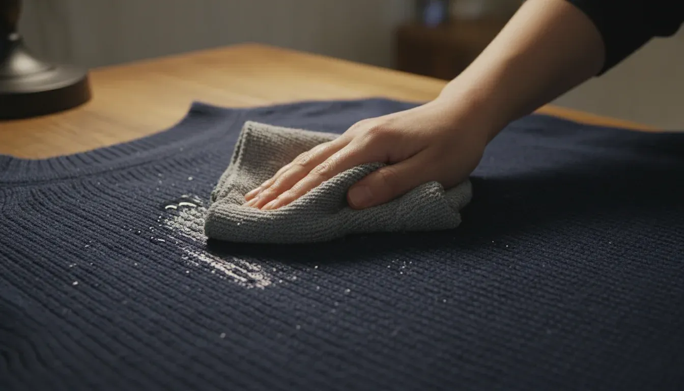 hand wiping dark sweater with damp washcloth to remove lint