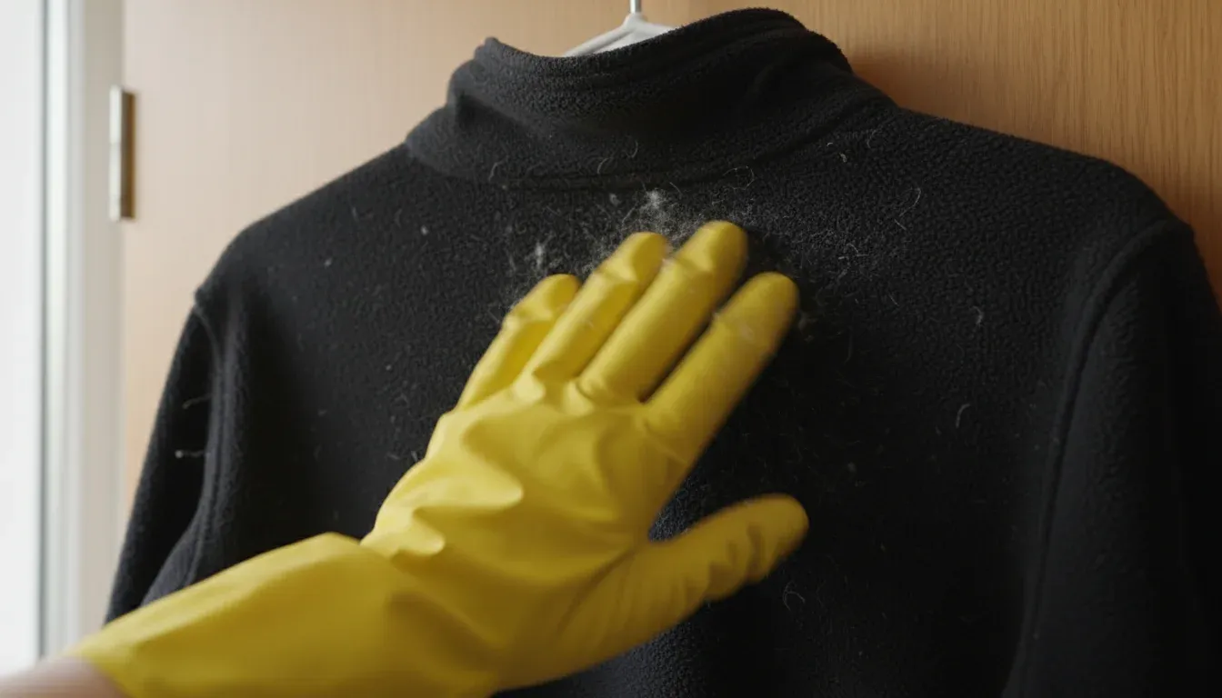 rubber gloved hand removing lint from black fleece jacket