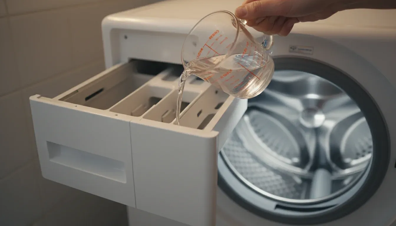 pouring white vinegar into washing machine detergent dispenser