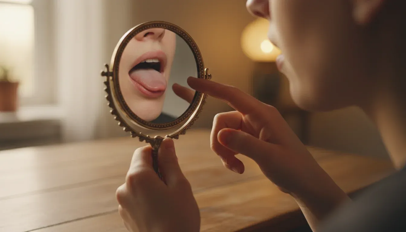 hand holding small mirror to mouth for speech practice