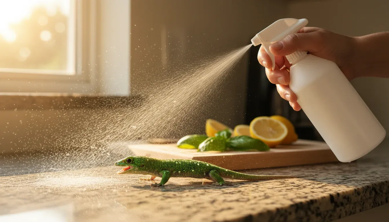 hand spraying cold water at gecko on countertop